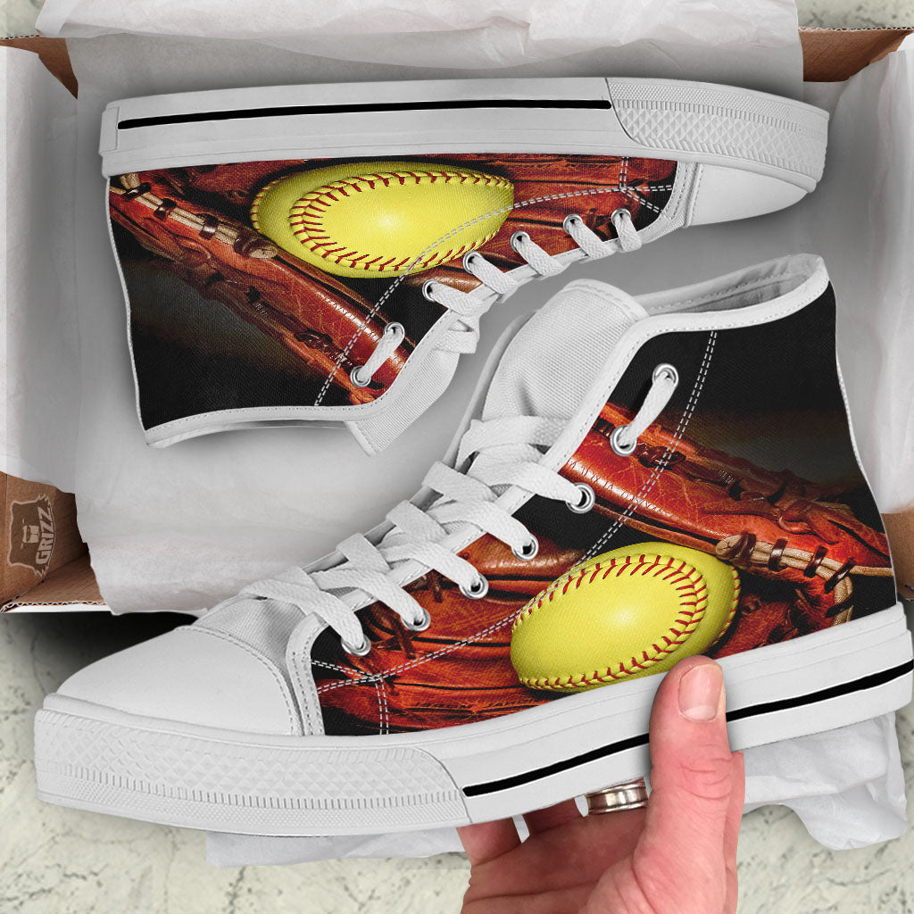Softball Yellow Print White High Top Shoes-grizzshop