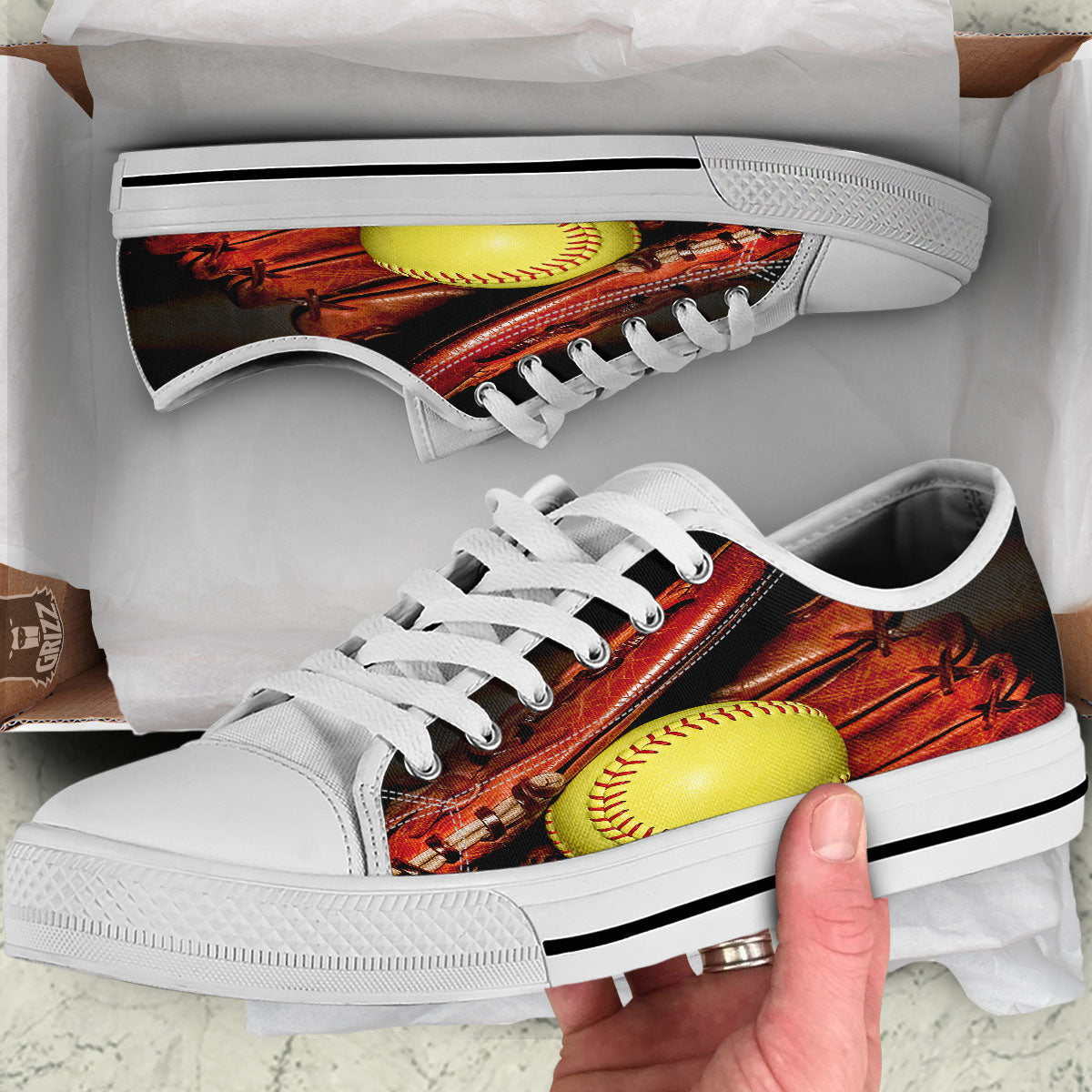 Softball Yellow Print White Low Top Shoes-grizzshop