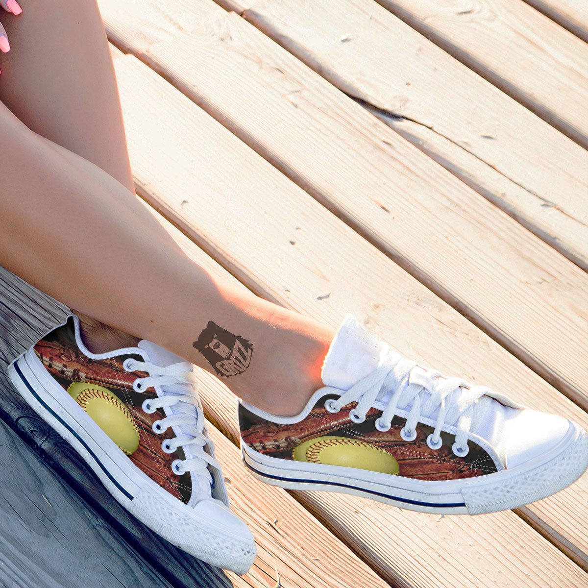 Softball Yellow Print White Low Top Shoes-grizzshop
