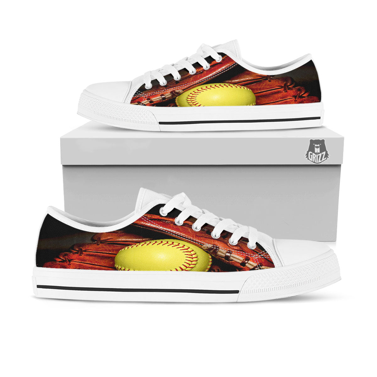 Softball Yellow Print White Low Top Shoes-grizzshop