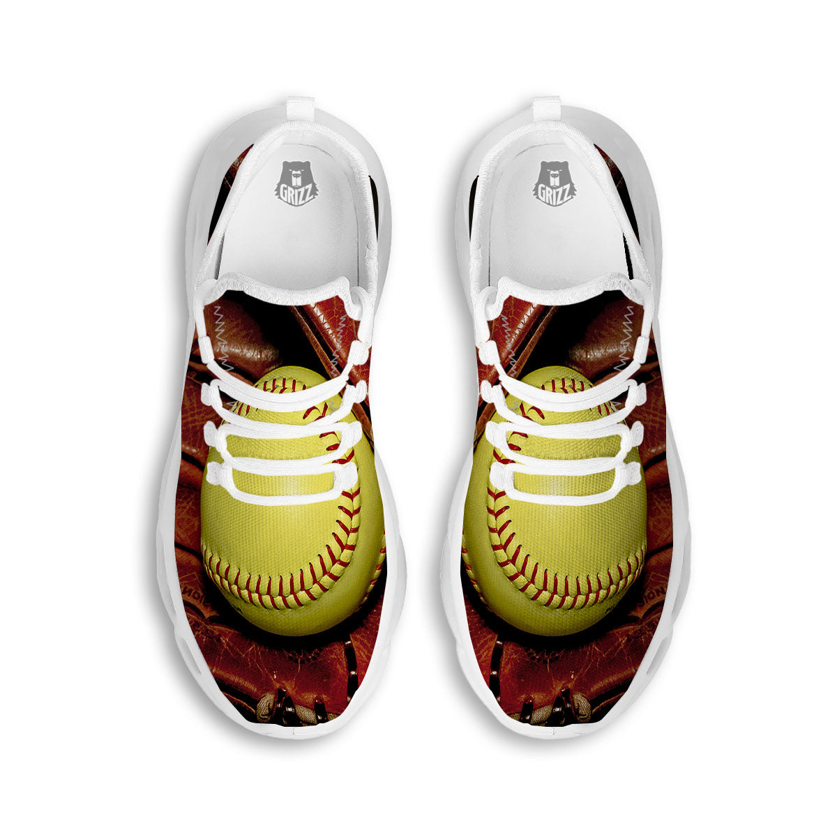 Softball Yellow Print White Running Shoes-grizzshop