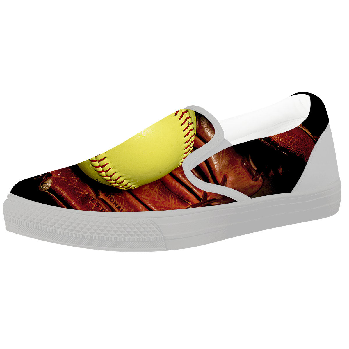 Softball Yellow Print White Slip On Shoes-grizzshop