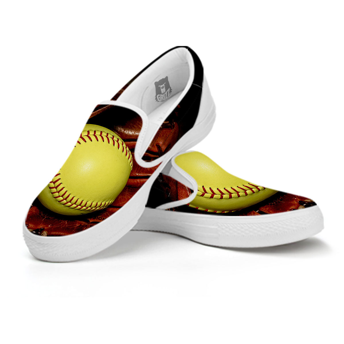 Softball Yellow Print White Slip On Shoes-grizzshop