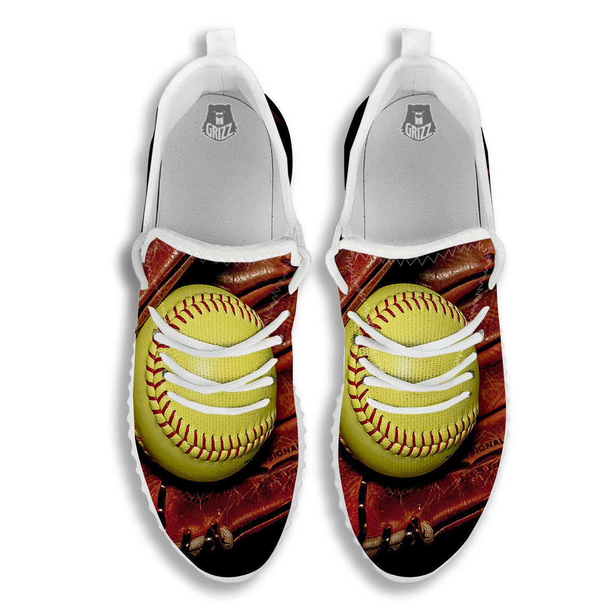 Softball Yellow Print White Walking Shoes-grizzshop