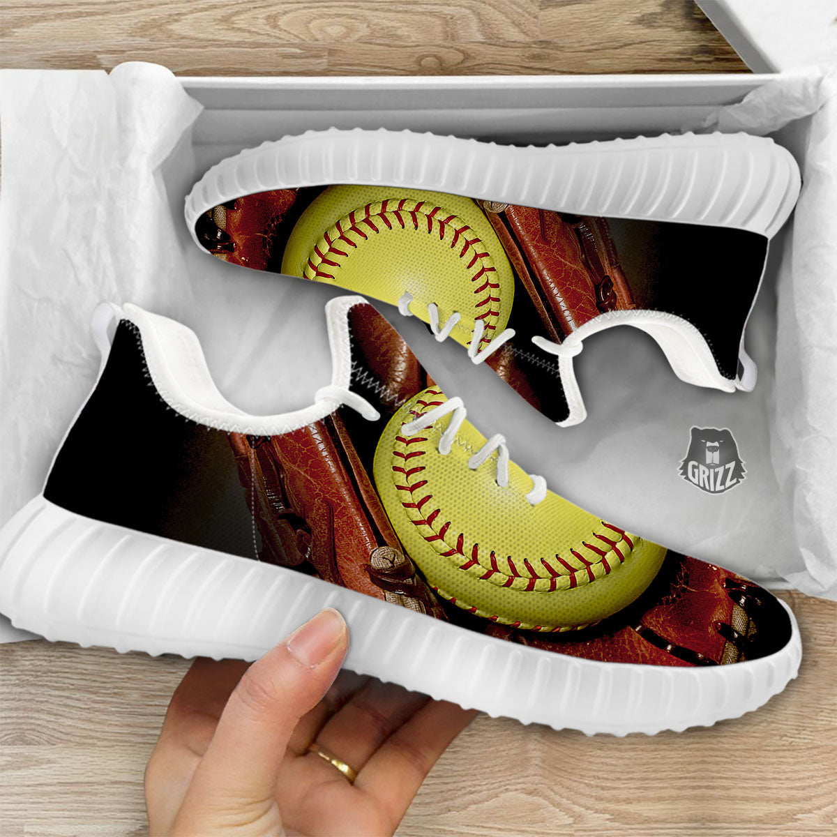 Softball Yellow Print White Walking Shoes-grizzshop