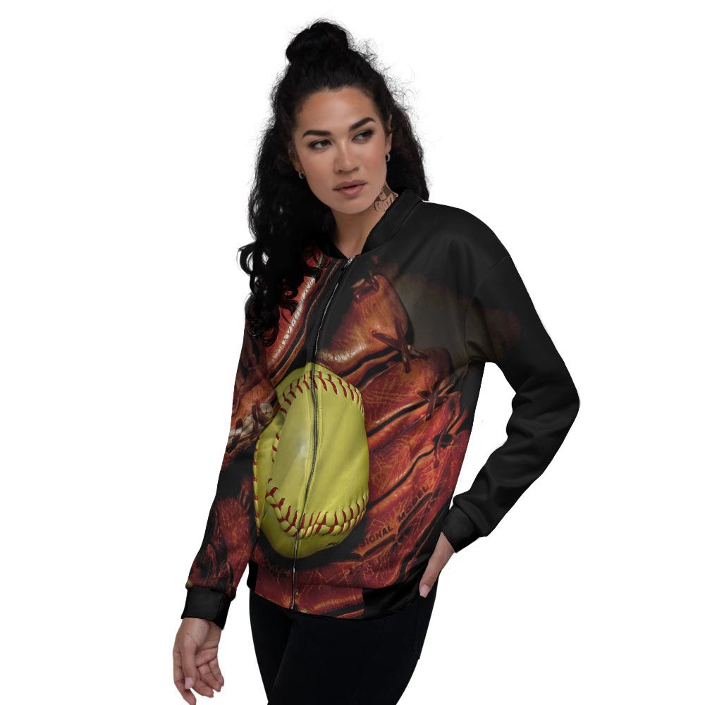 Softball Yellow Print Women's Bomber Jacket-grizzshop