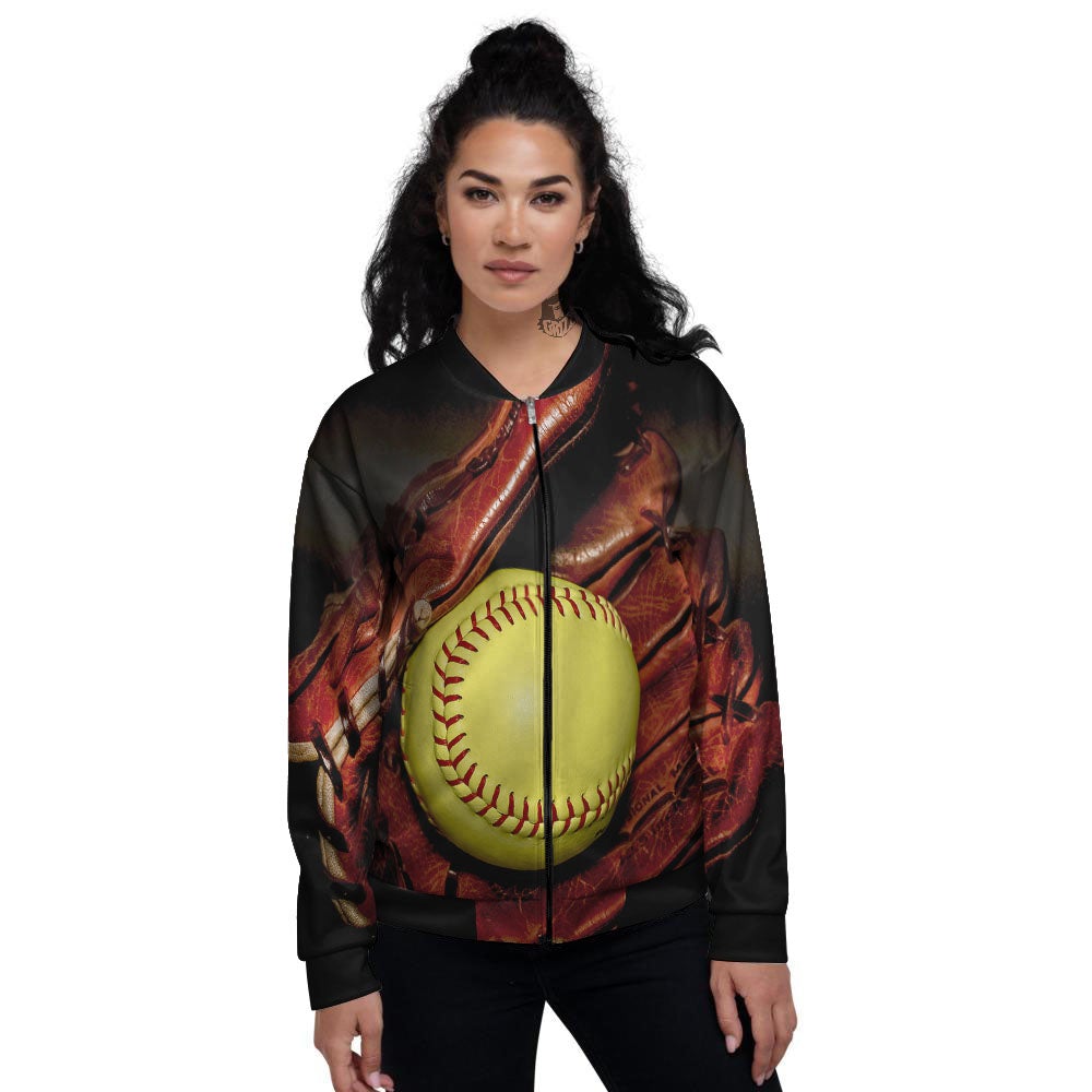 Softball Yellow Print Women's Bomber Jacket-grizzshop