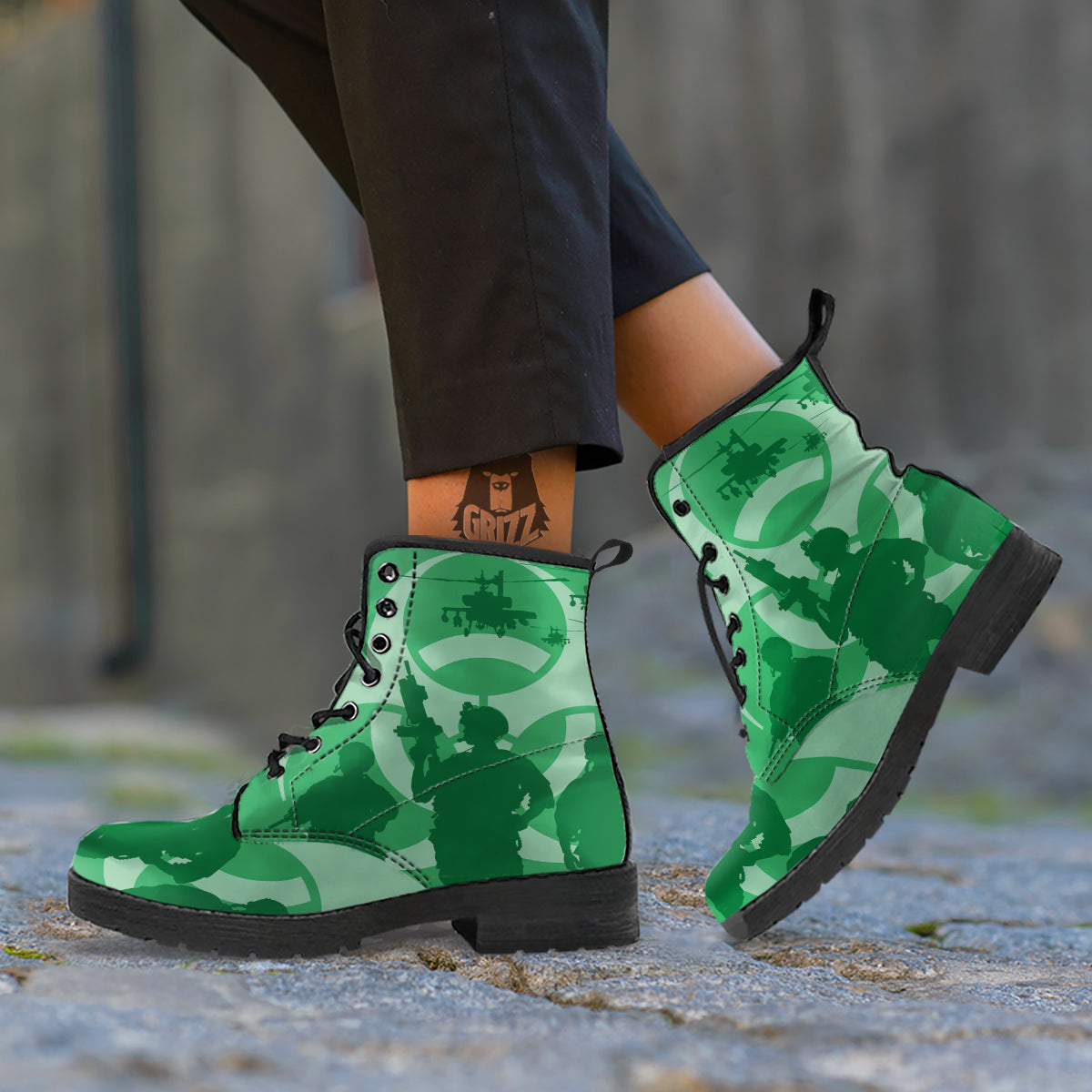Soldiers And Biohazard Print Leather Boots-grizzshop
