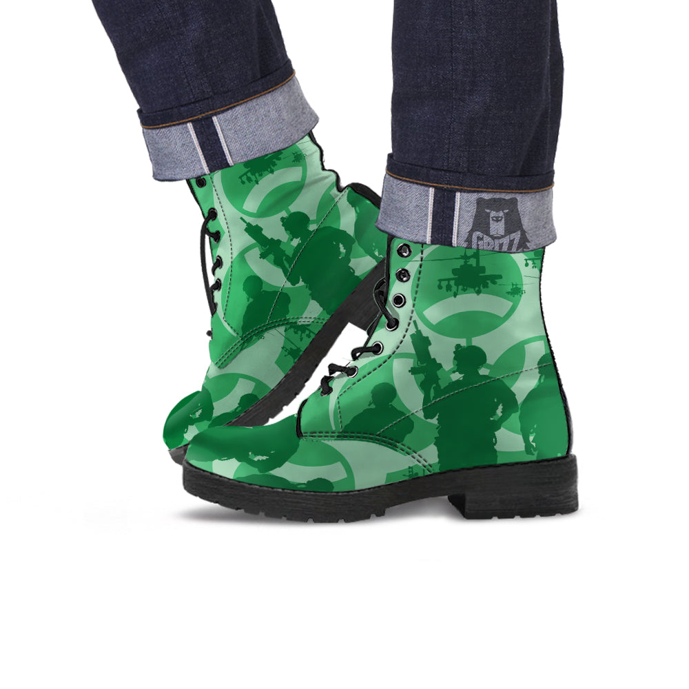 Soldiers And Biohazard Print Leather Boots-grizzshop