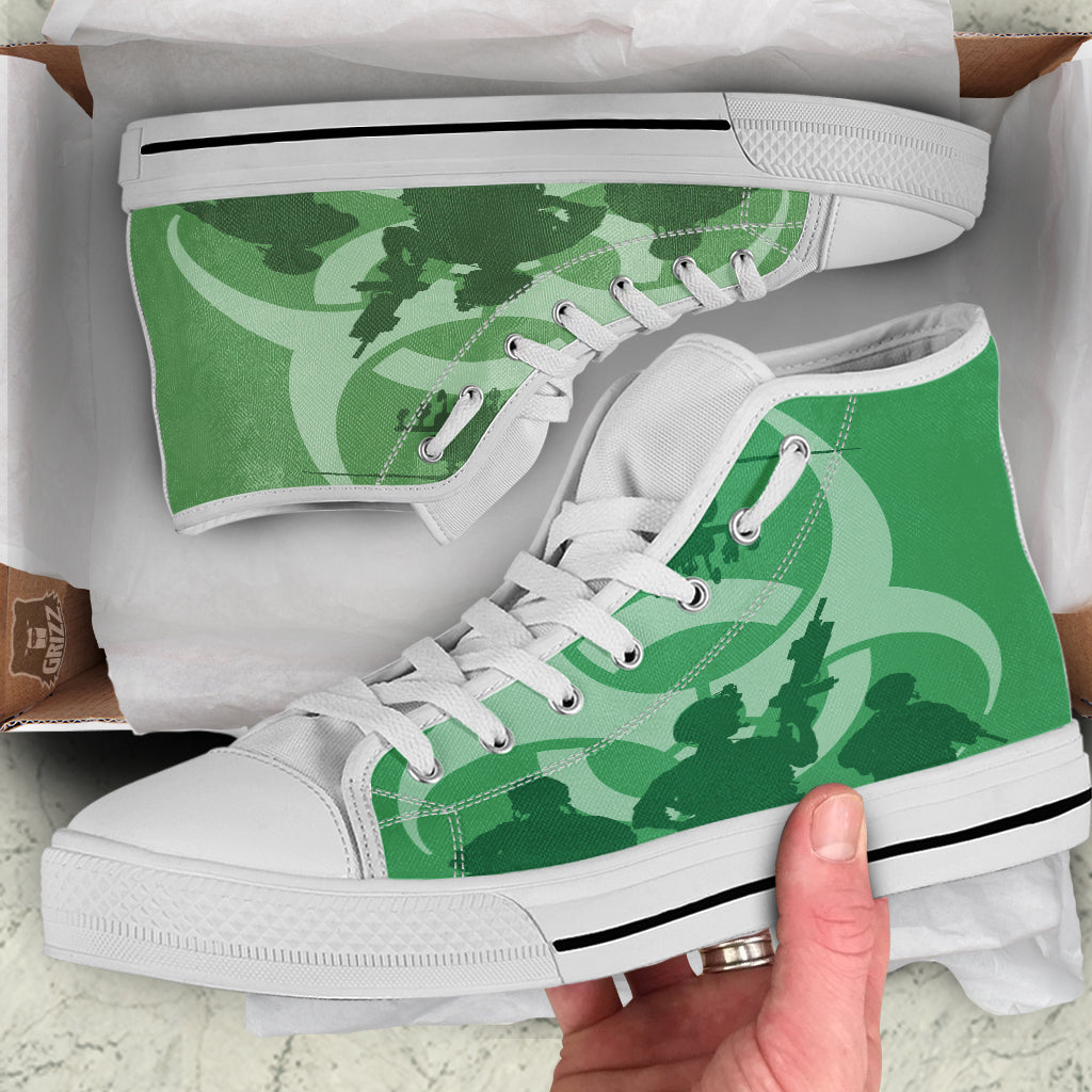Soldiers And Biohazard Print White High Top Shoes-grizzshop