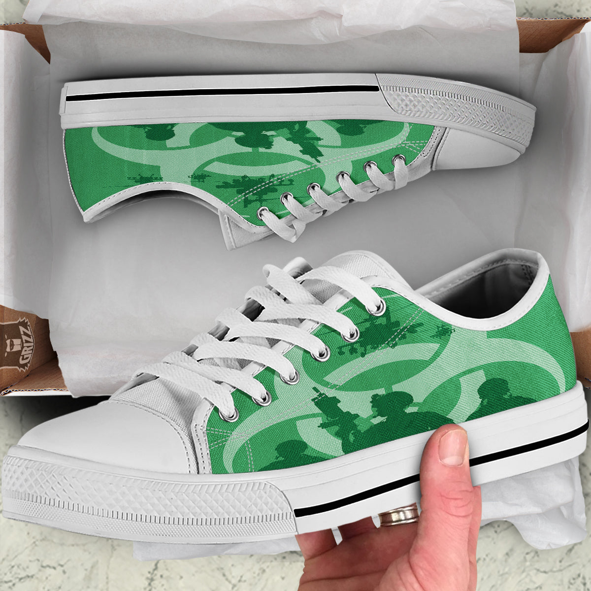 Soldiers And Biohazard Print White Low Top Shoes-grizzshop