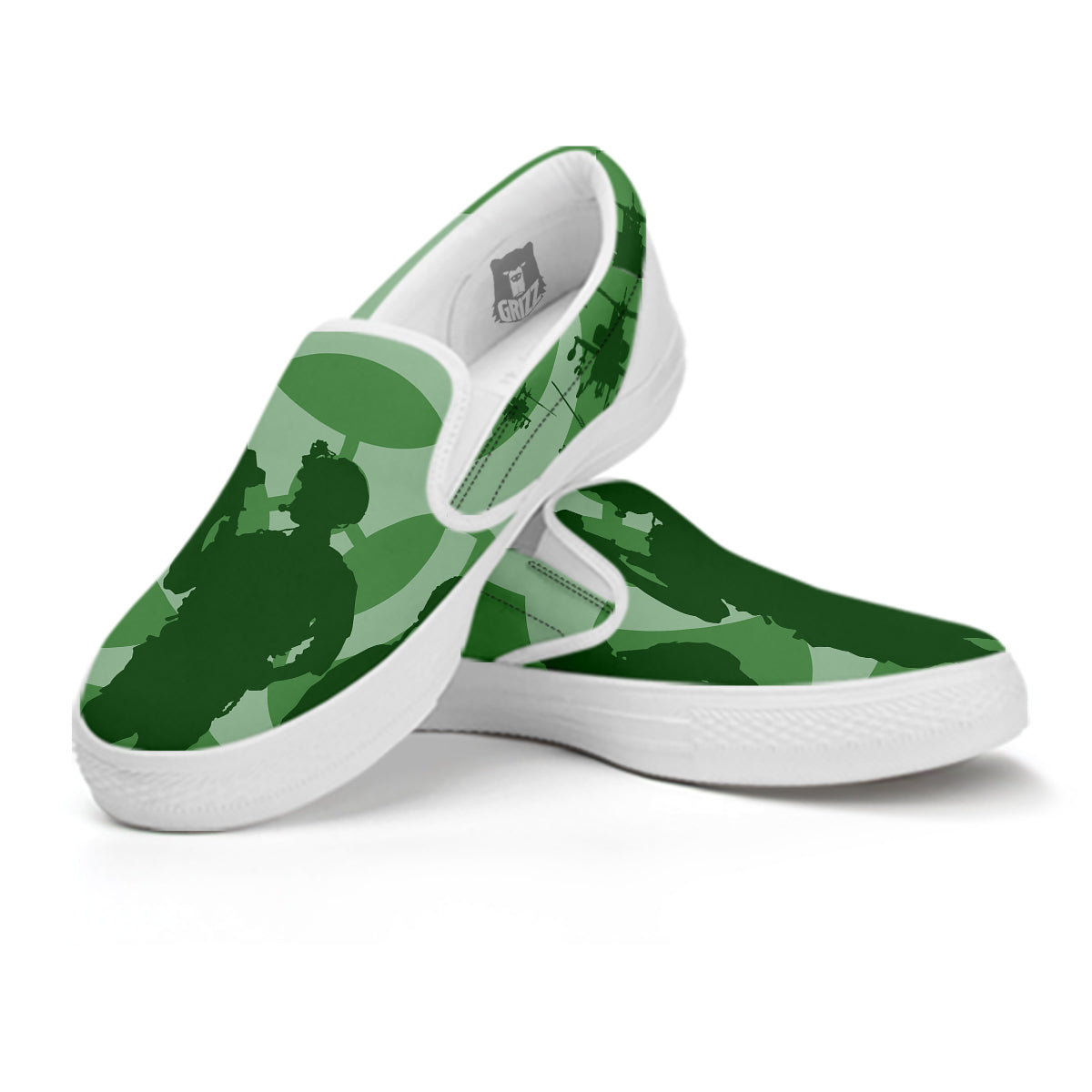 Soldiers And Biohazard Print White Slip On Shoes-grizzshop