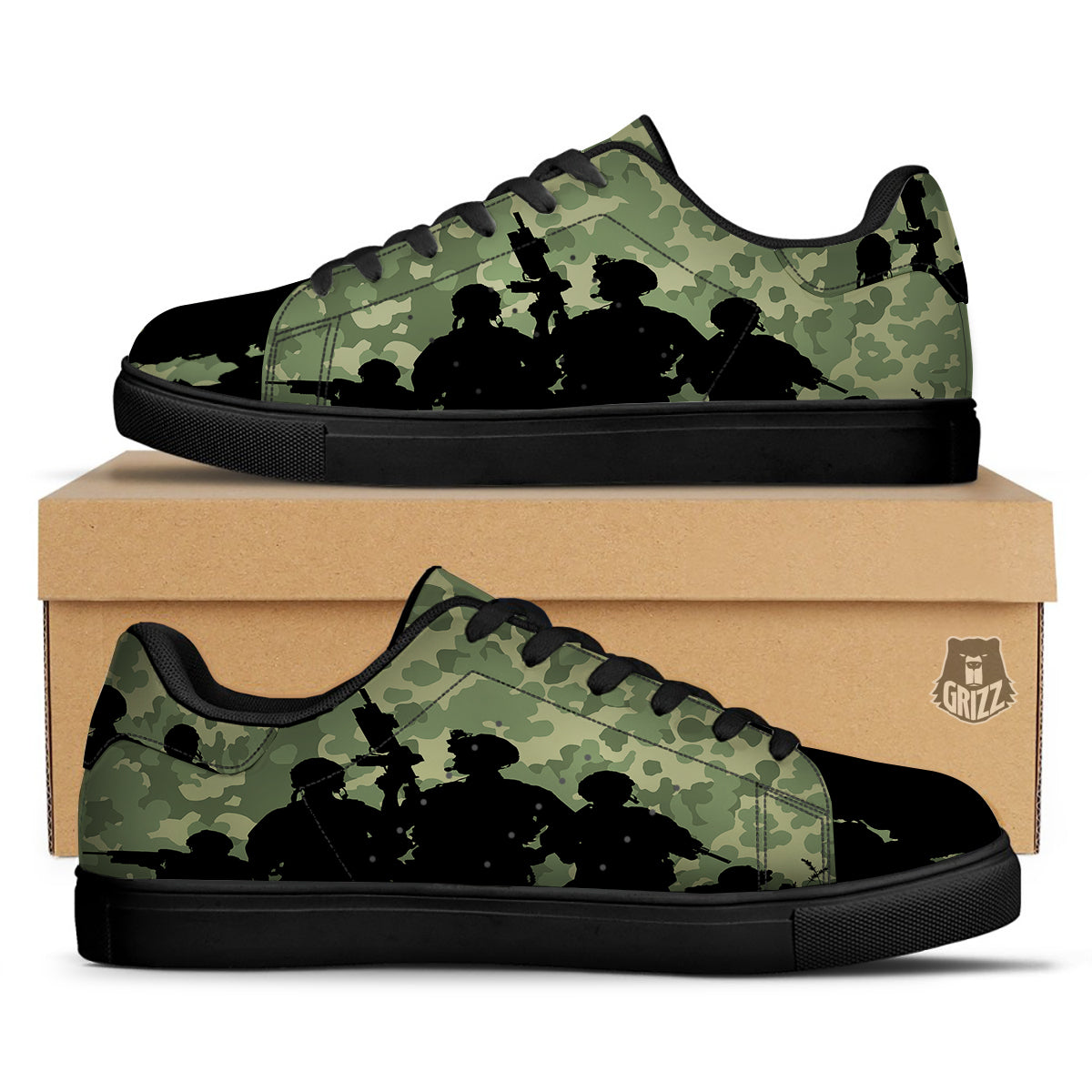 Soldiers And Camouflage Print Black Low Top Sneakers-grizzshop