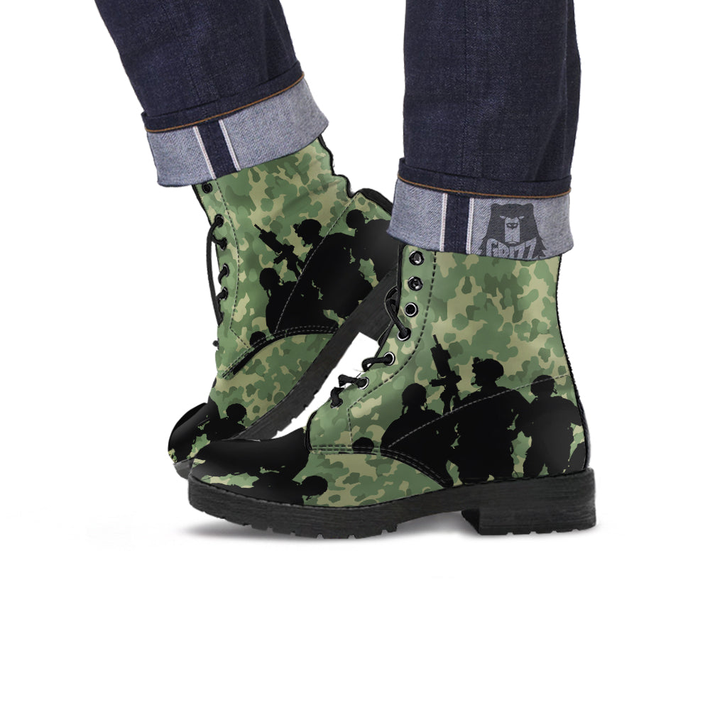 Soldiers And Camouflage Print Leather Boots-grizzshop
