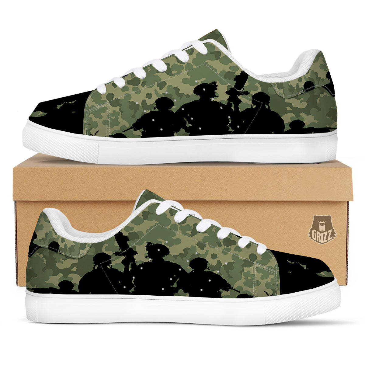 Soldiers And Camouflage Print White Low Top Sneakers-grizzshop