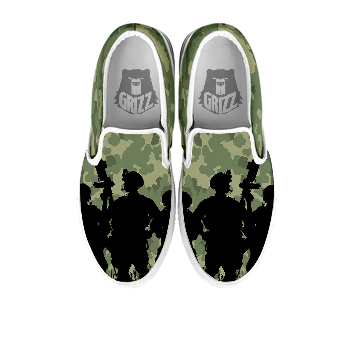 Soldiers And Camouflage Print White Slip On Shoes-grizzshop