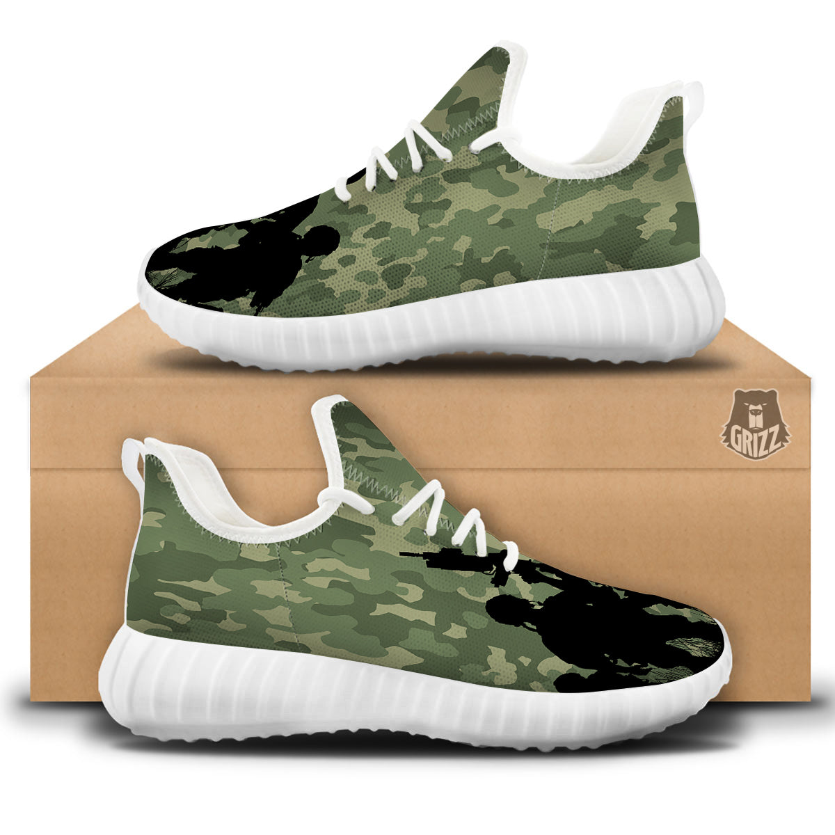 Soldiers And Camouflage Print White Walking Shoes-grizzshop