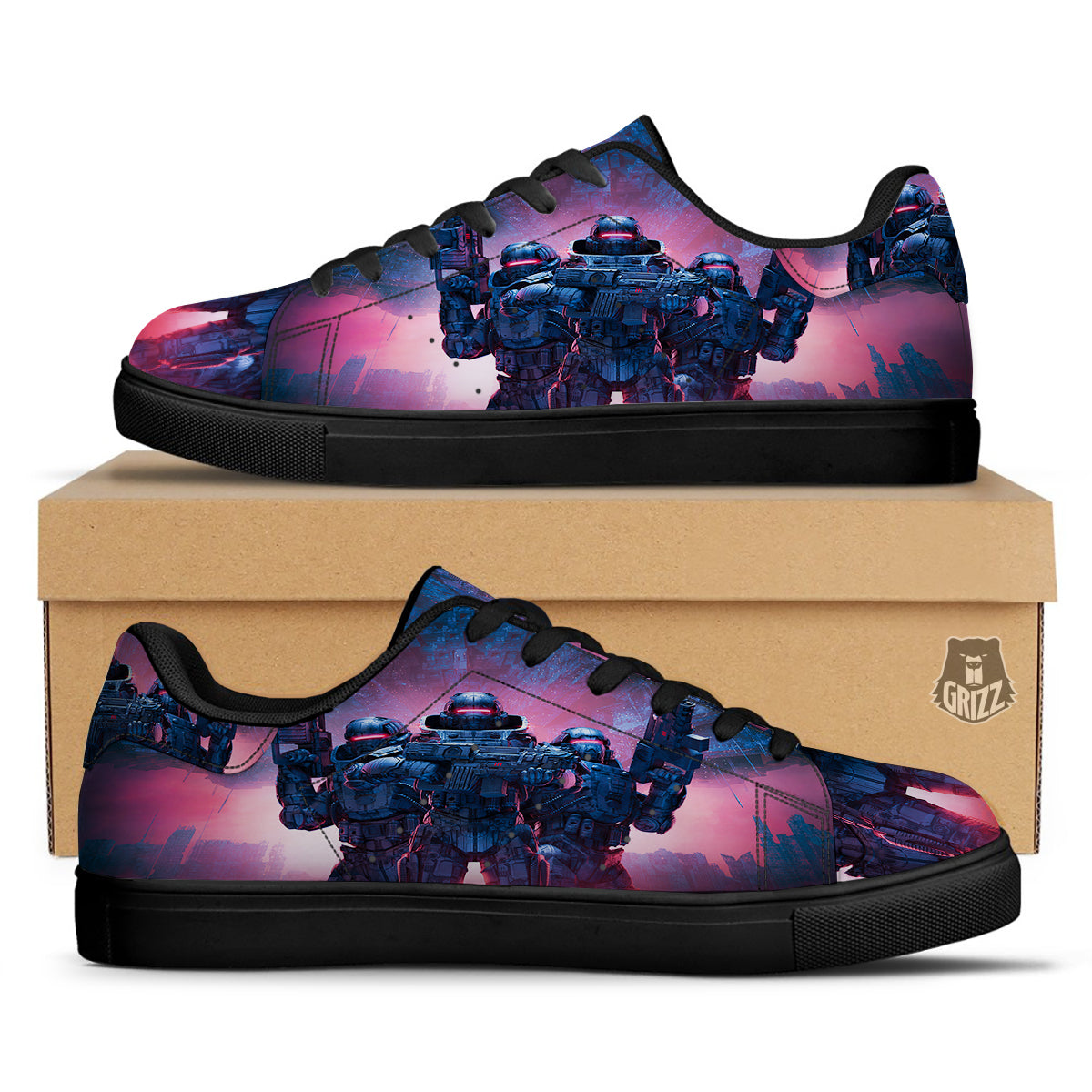 Soldiers Cyberpunk Print Black Low Top Sneakers-grizzshop