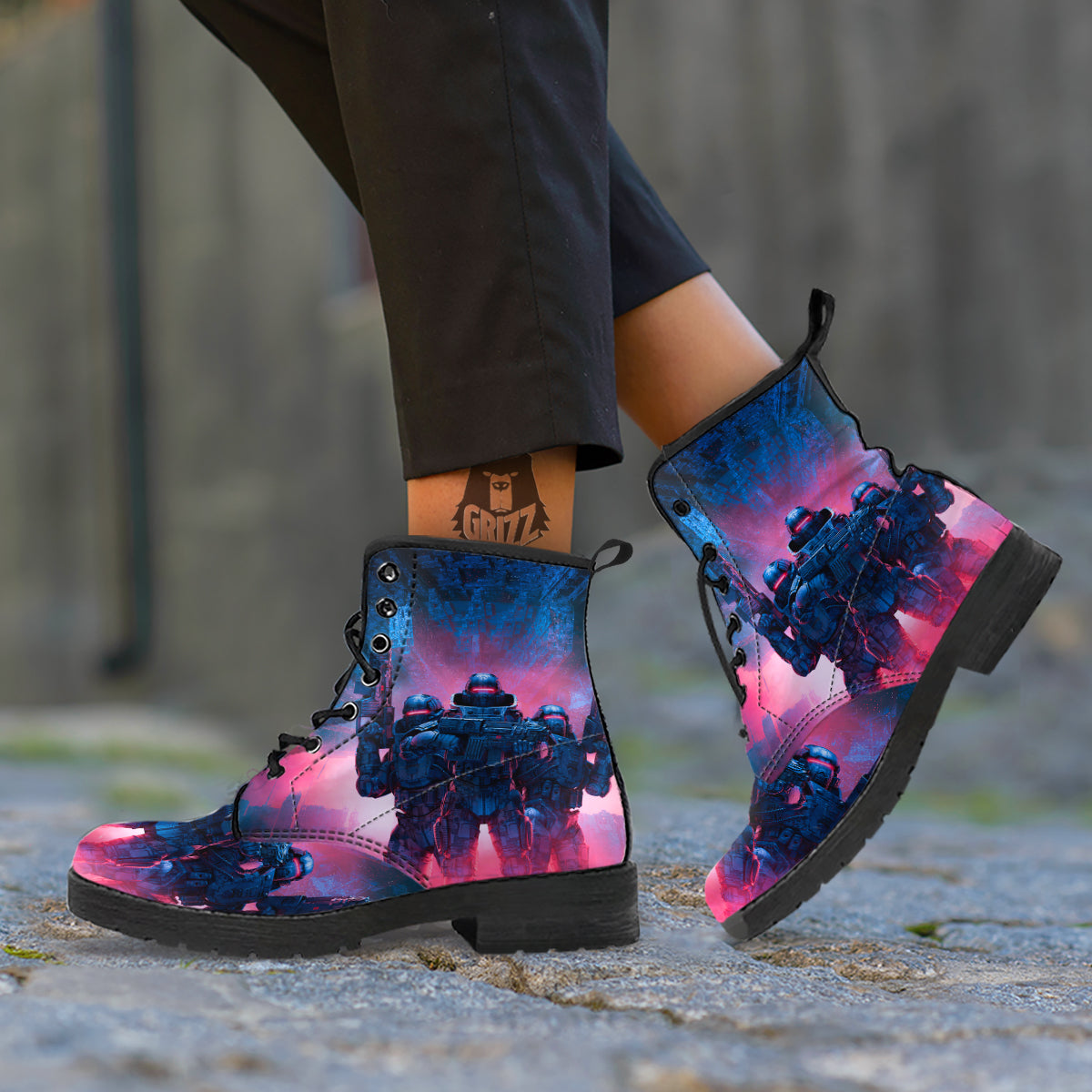 Soldiers Cyberpunk Print Leather Boots-grizzshop