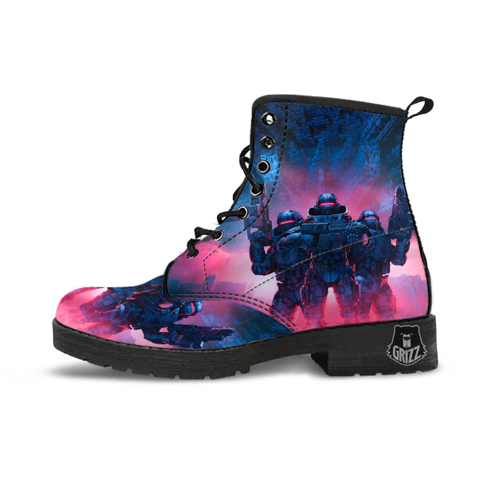 Soldiers Cyberpunk Print Leather Boots-grizzshop