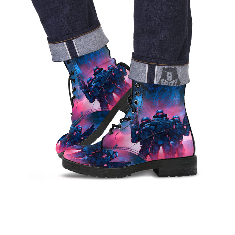 Soldiers Cyberpunk Print Leather Boots-grizzshop