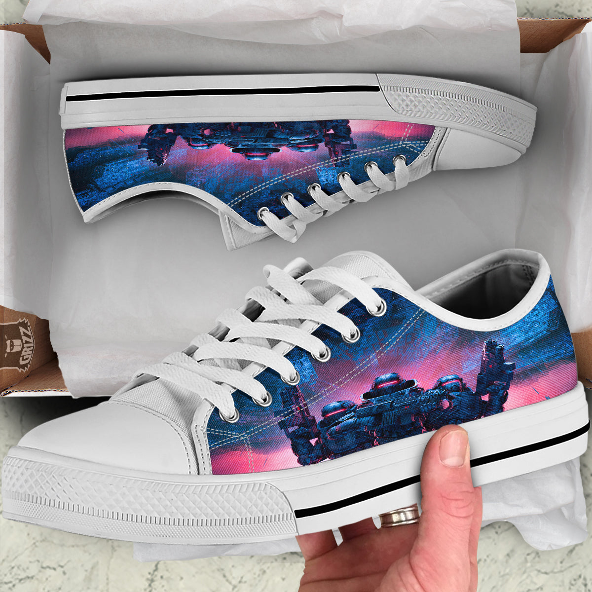 Soldiers Cyberpunk Print White Low Top Shoes-grizzshop