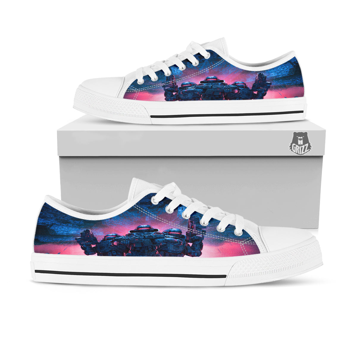 Soldiers Cyberpunk Print White Low Top Shoes-grizzshop
