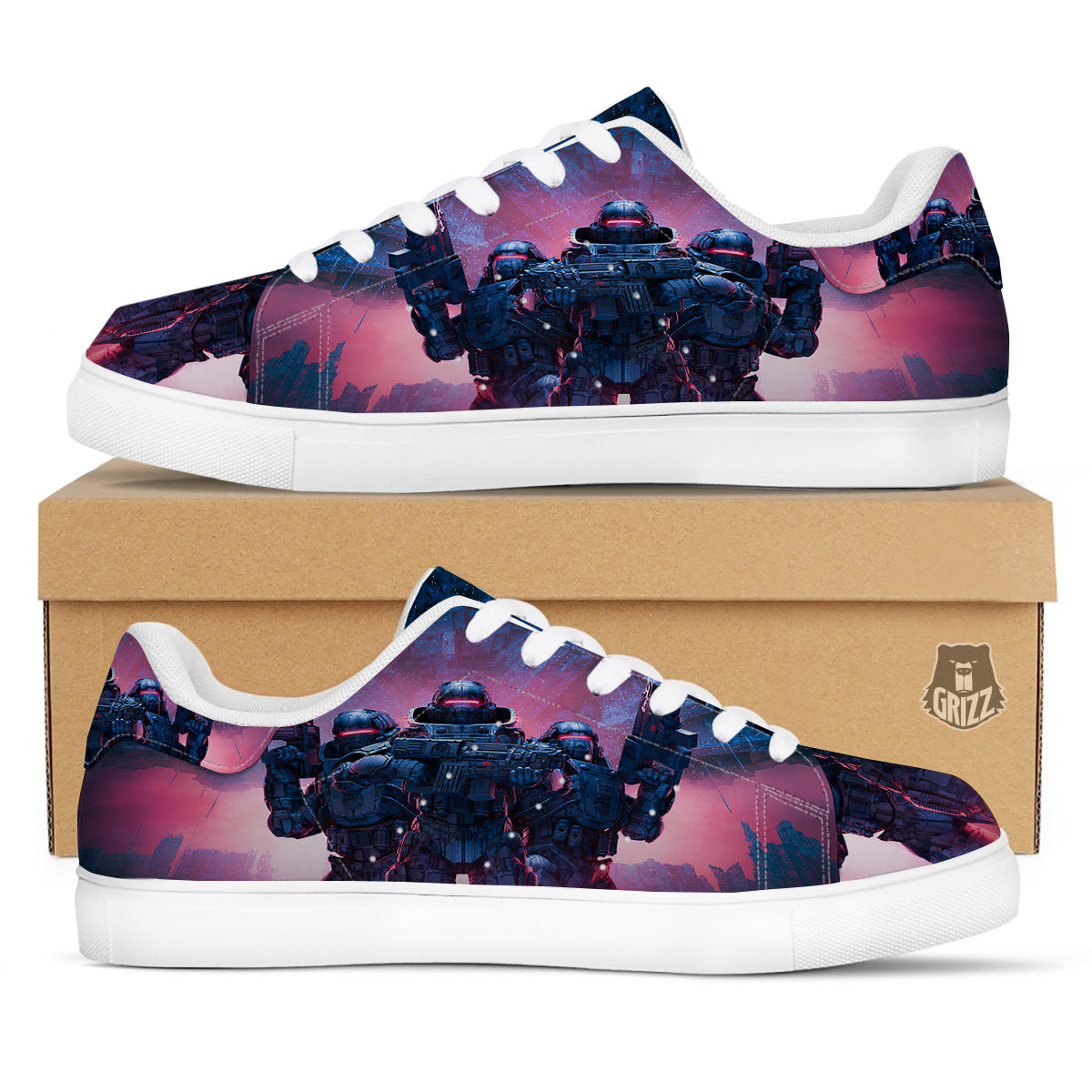 Soldiers Cyberpunk Print White Low Top Sneakers-grizzshop