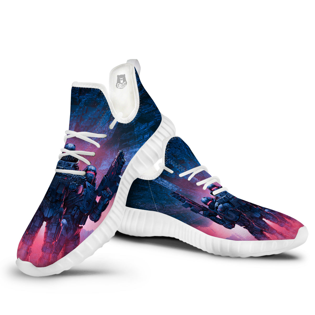 Soldiers Cyberpunk Print White Walking Shoes-grizzshop