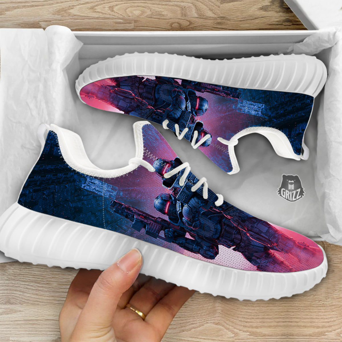 Soldiers Cyberpunk Print White Walking Shoes-grizzshop