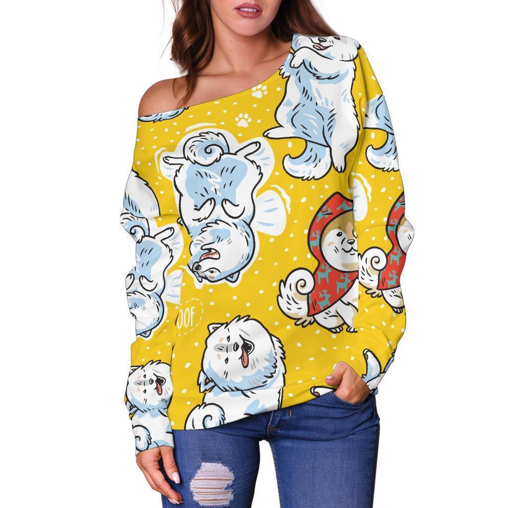Somoyed Dog Pattern Print Women Off Shoulder Sweatshirt-grizzshop