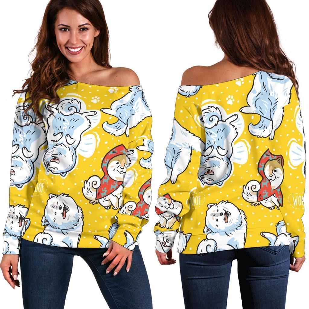 Somoyed Dog Pattern Print Women Off Shoulder Sweatshirt-grizzshop