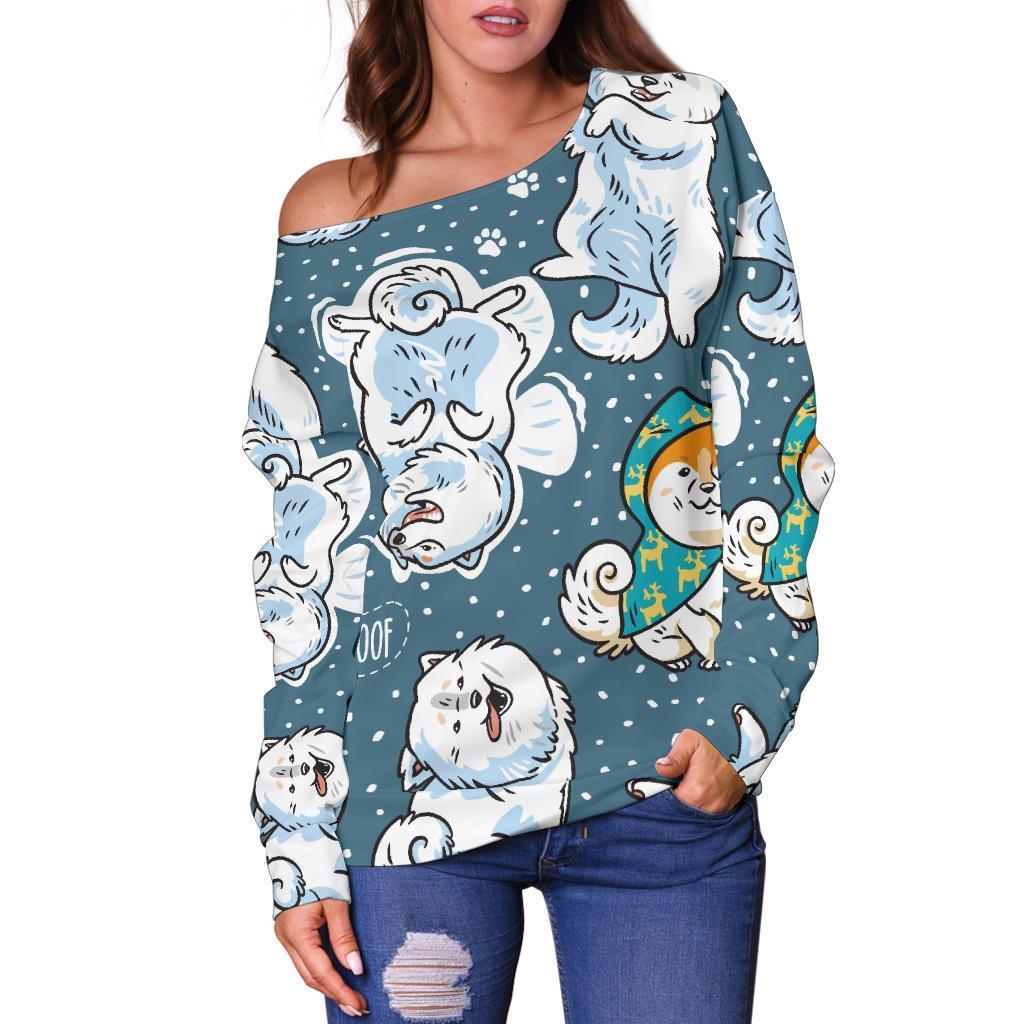Somoyed Dog Print Pattern Women Off Shoulder Sweatshirt-grizzshop