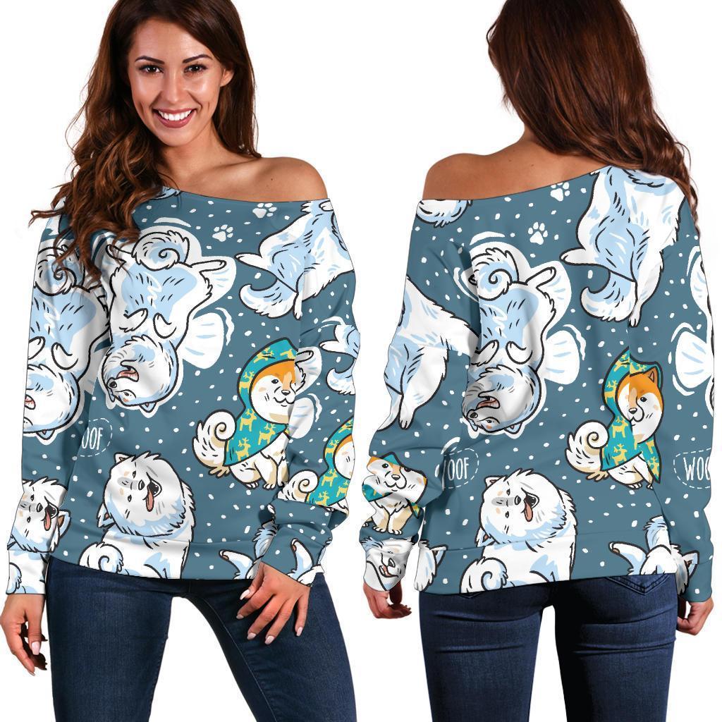 Somoyed Dog Print Pattern Women Off Shoulder Sweatshirt-grizzshop