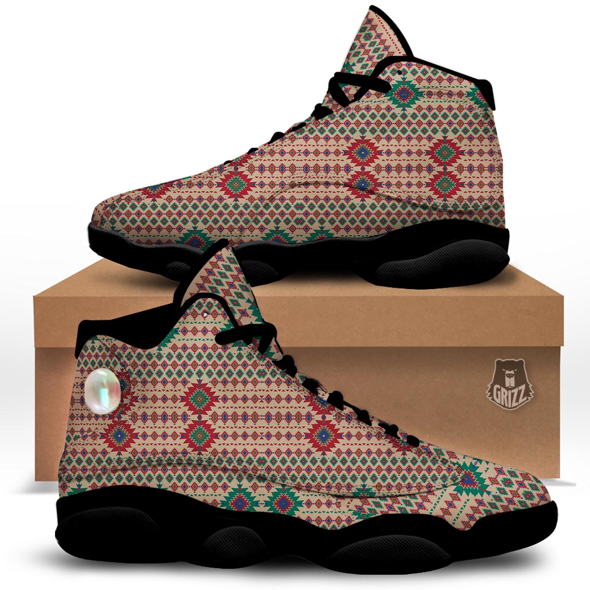Southwestern Beige And Red Print Pattern Black Basketball Shoes-grizzshop