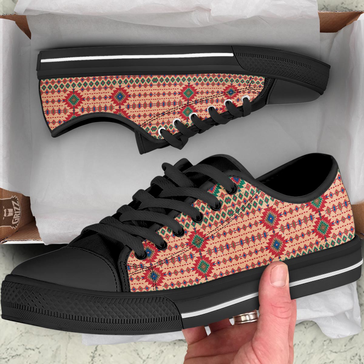 Southwestern Beige And Red Print Pattern Black Low Top Shoes-grizzshop