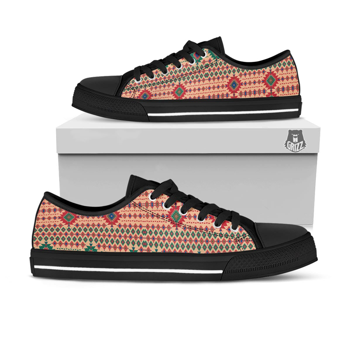 Southwestern Beige And Red Print Pattern Black Low Top Shoes-grizzshop