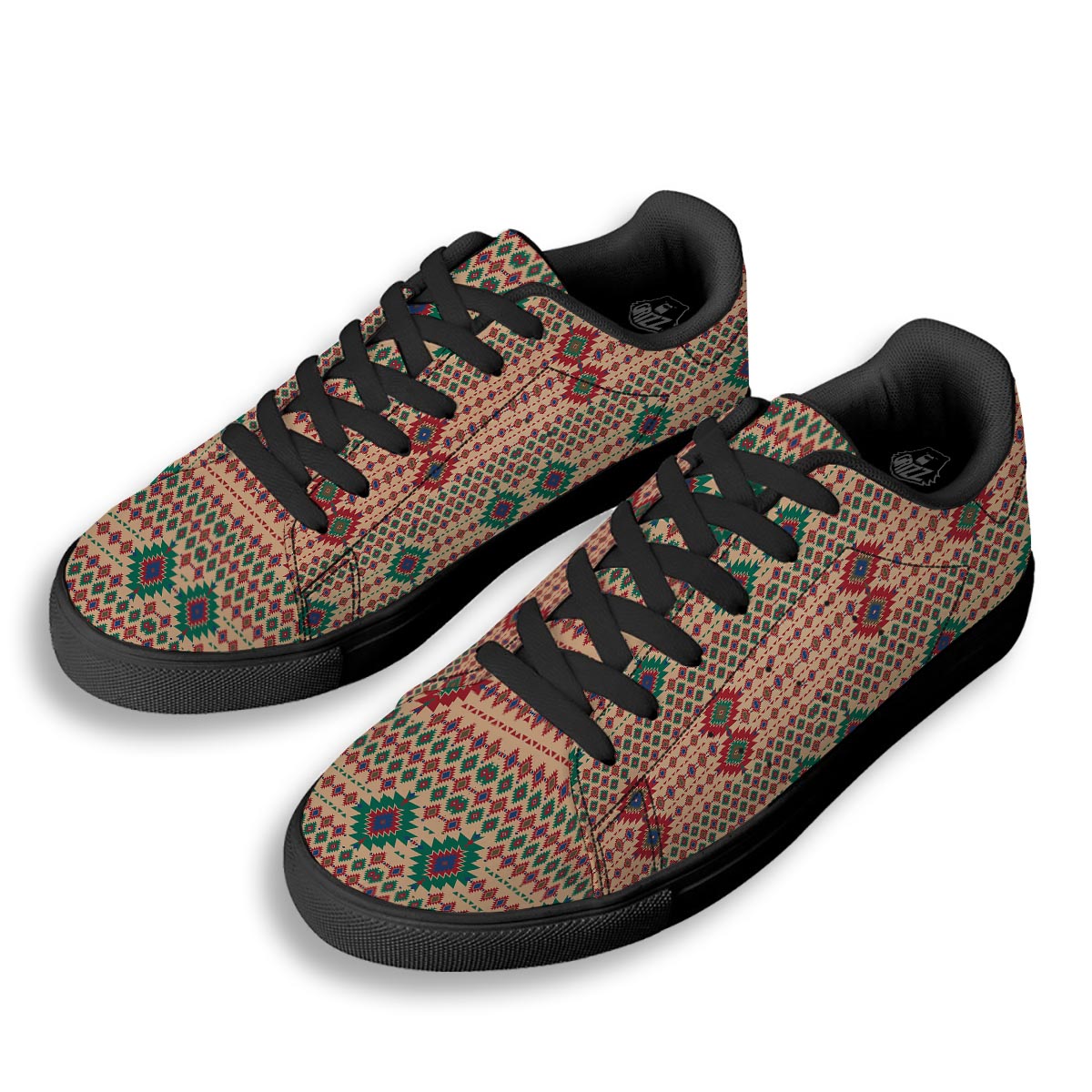 Southwestern Beige And Red Print Pattern Black Low Top Sneakers-grizzshop