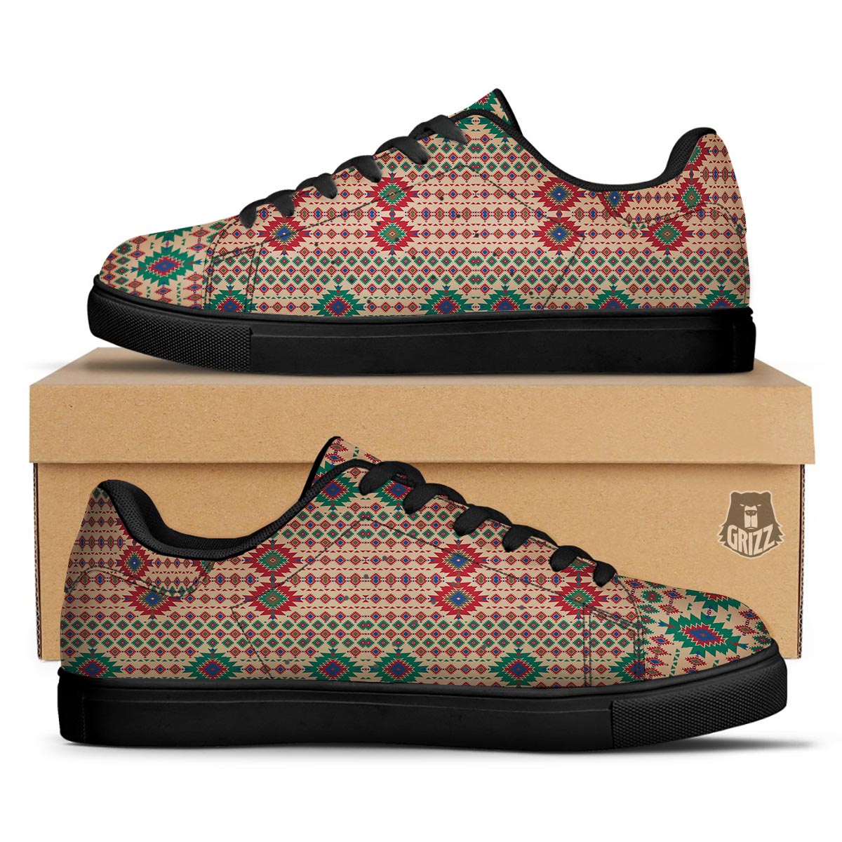 Southwestern Beige And Red Print Pattern Black Low Top Sneakers-grizzshop
