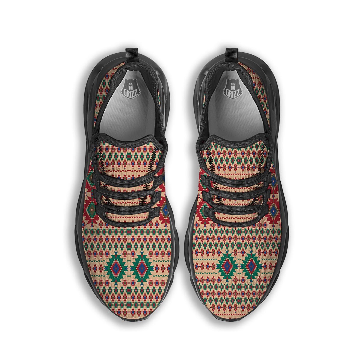 Southwestern Beige And Red Print Pattern Black Running Shoes-grizzshop