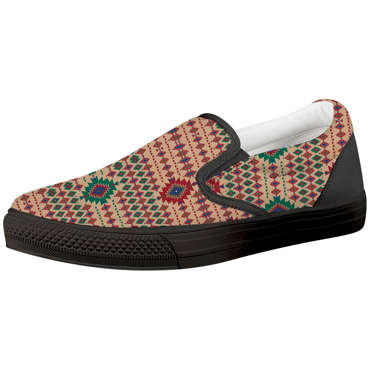 Southwestern Beige And Red Print Pattern Black Slip On Shoes-grizzshop