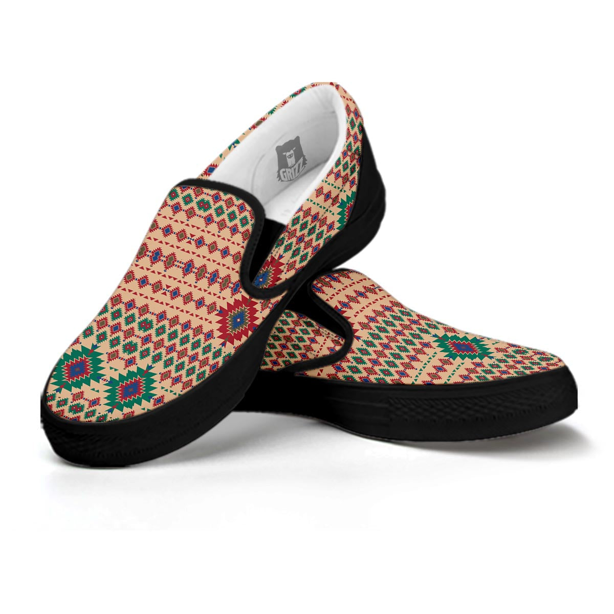 Southwestern Beige And Red Print Pattern Black Slip On Shoes-grizzshop