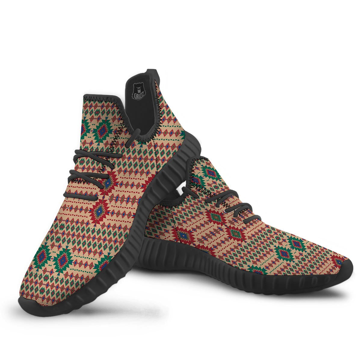 Southwestern Beige And Red Print Pattern Black Walking Shoes-grizzshop