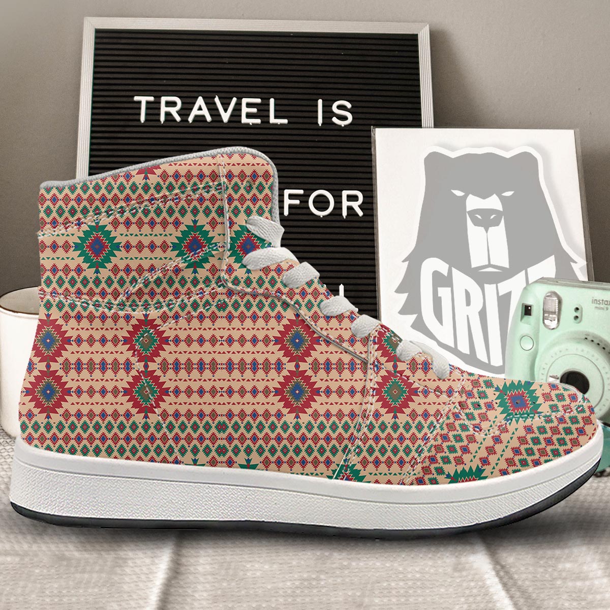 Southwestern Beige And Red Print Pattern High Top Sneakers-grizzshop