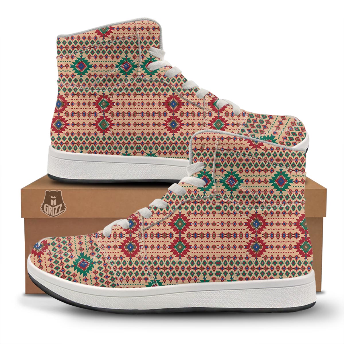 Southwestern Beige And Red Print Pattern High Top Sneakers-grizzshop