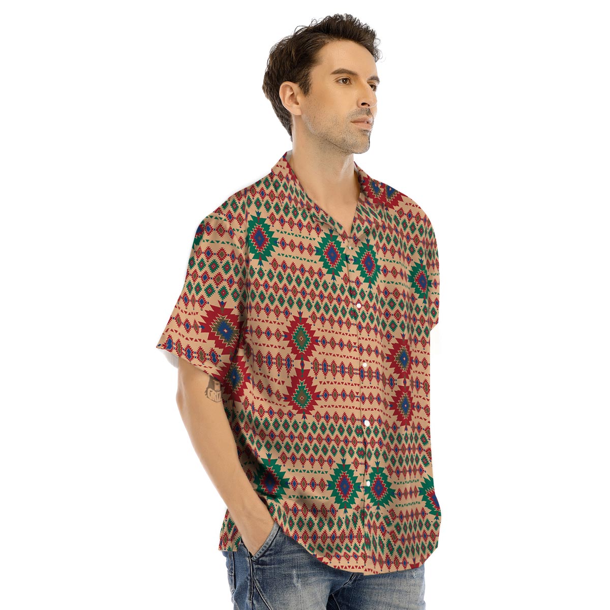 Southwestern Beige And Red Print Pattern Men's Hawaiian Shirt-grizzshop