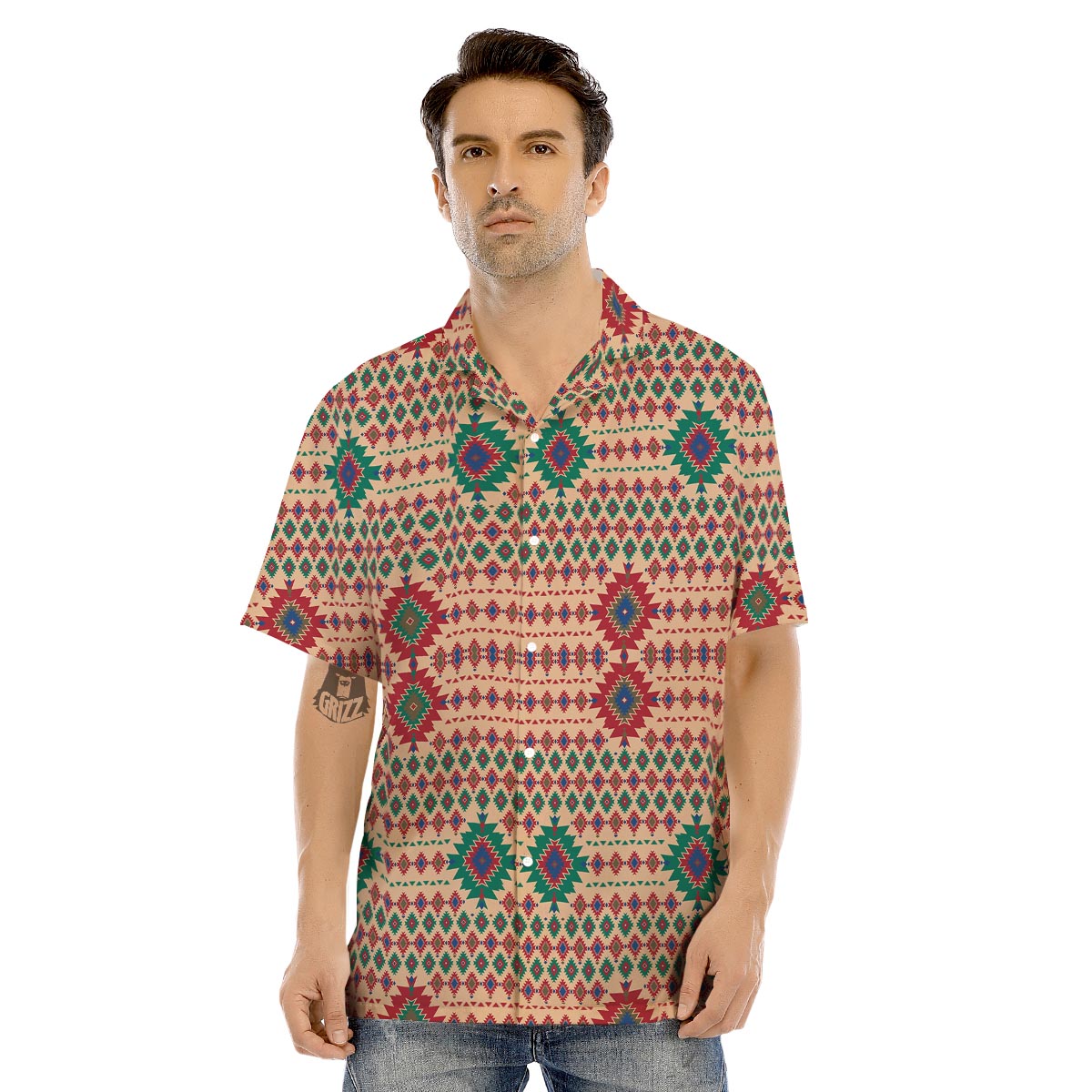 Southwestern Beige And Red Print Pattern Men's Hawaiian Shirt-grizzshop