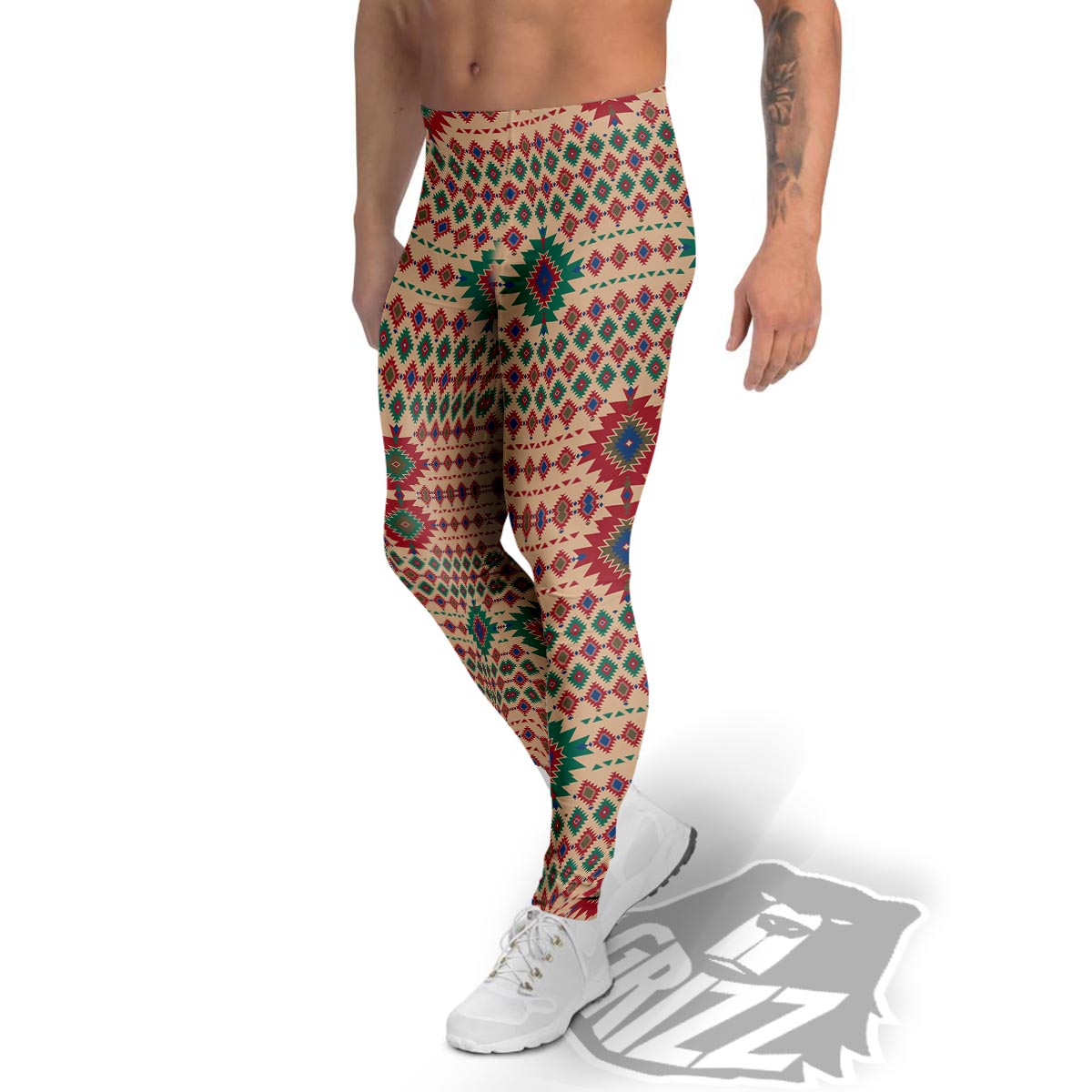 Southwestern Beige And Red Print Pattern Men's Leggings-grizzshop