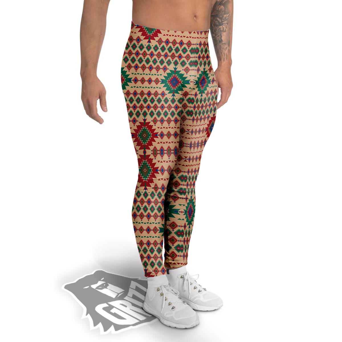 Southwestern Beige And Red Print Pattern Men's Leggings-grizzshop