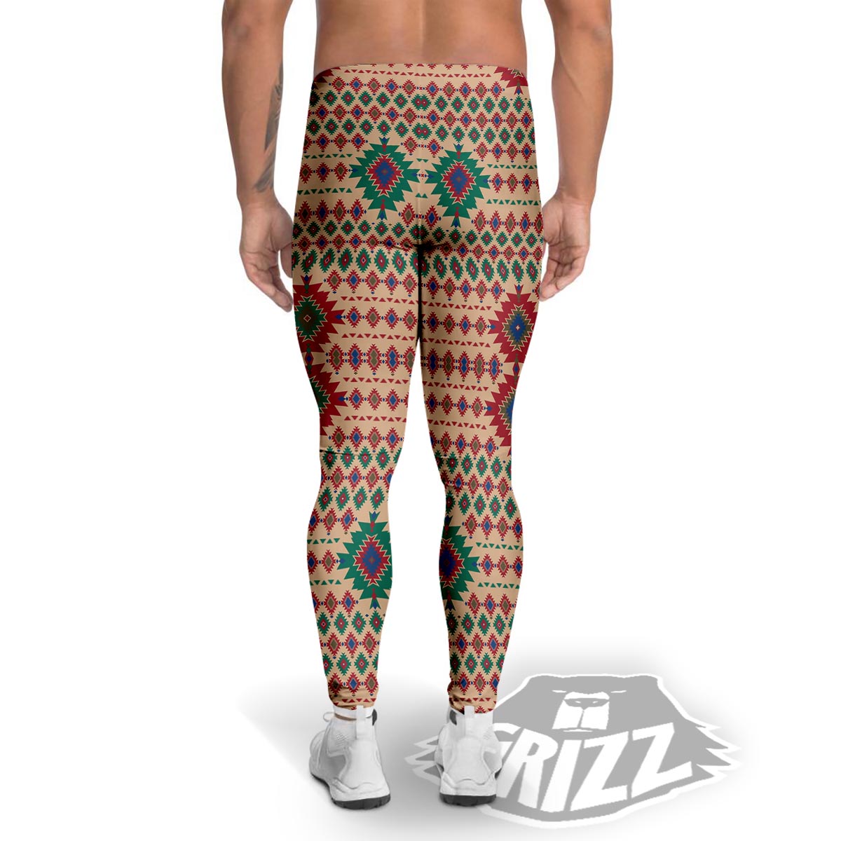 Southwestern Beige And Red Print Pattern Men's Leggings-grizzshop